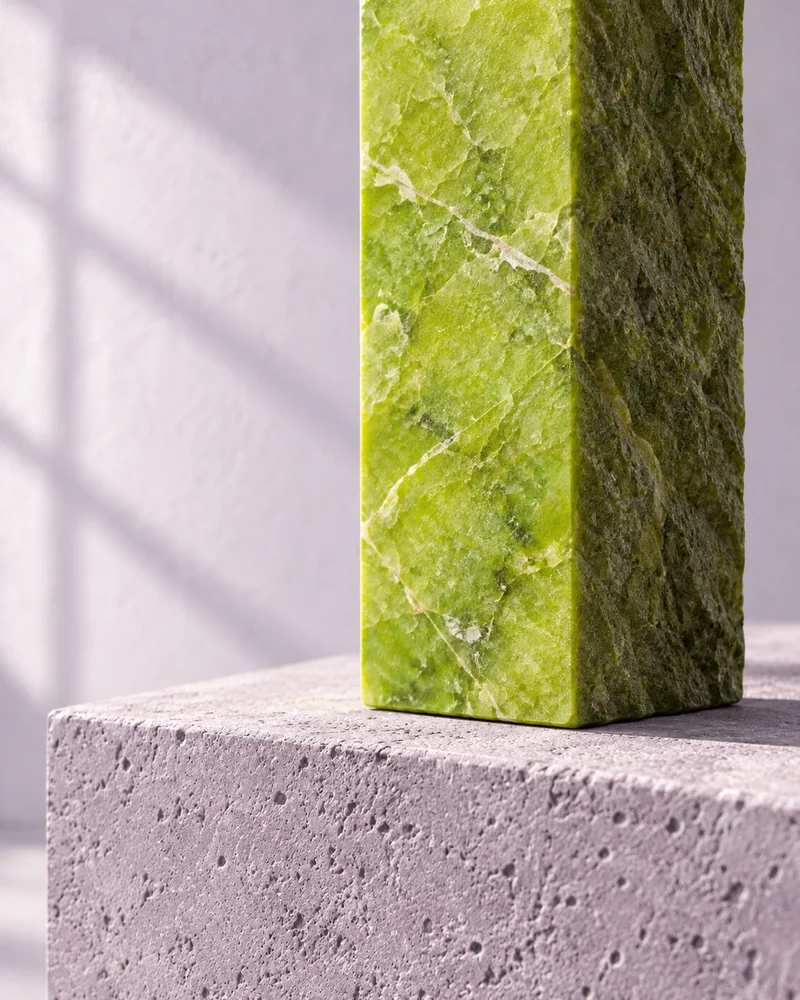 A close detail of the green stone mark on its lilac plinth